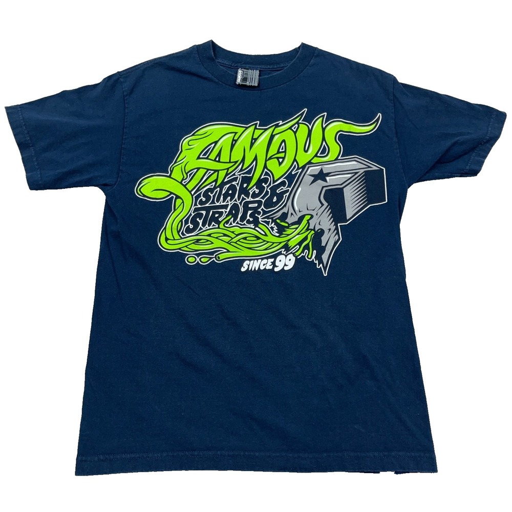 Vintage Y2K Famous Stars & Straps Shirt Men Medium Blue Green Tee Skate Graffiti